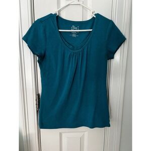 Fashion Bug Teal Blue Pleated Scoop Neck Short Sleeve Perfect Fit Top Womens L